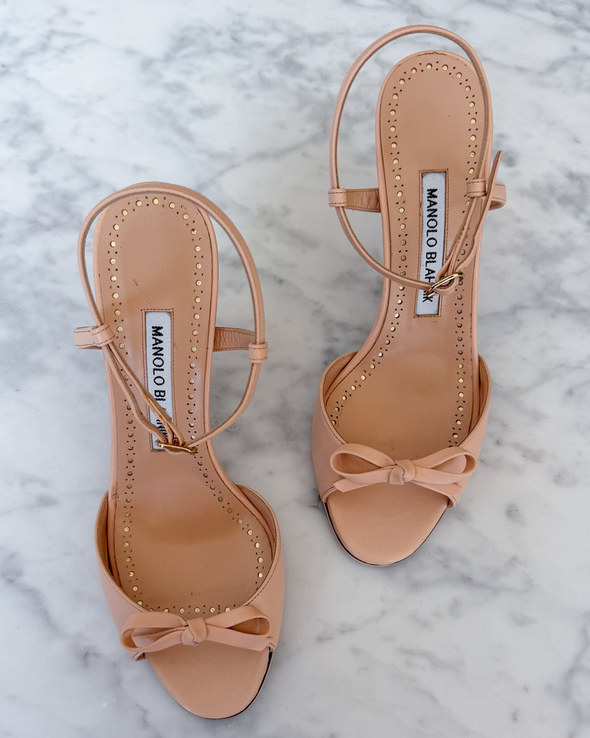 UNWORN Manolo Blahnik Nude Pink Leather Bow Slingback Heels (37)