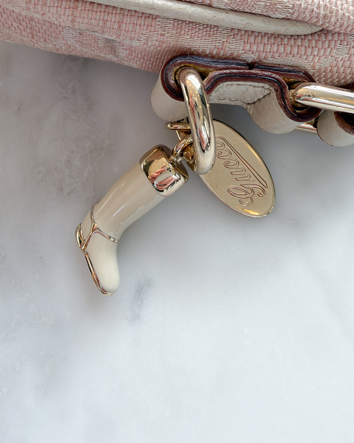 Gucci Jolicoeur Baby Pink GG Monogram Bag with Gucci Equestrian Riding Boot Charm