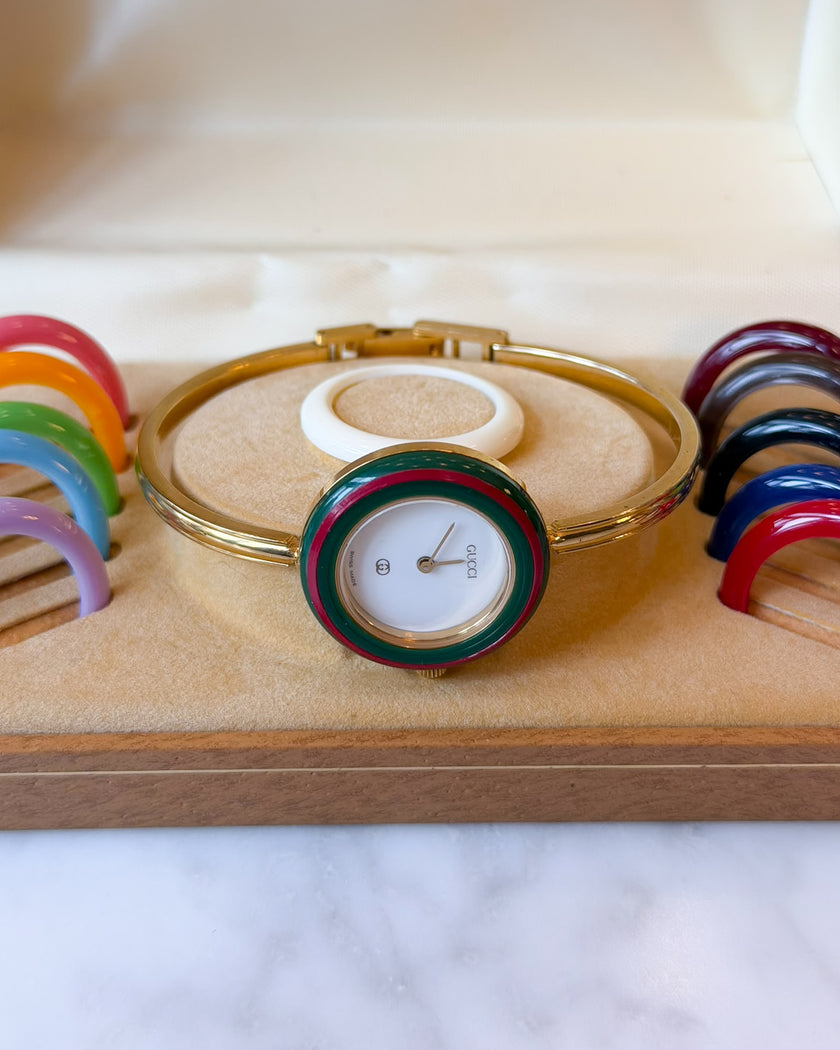 Vintage Gucci 345 Gold Bangle Watch with 12 Interchangeable Bezels & Box