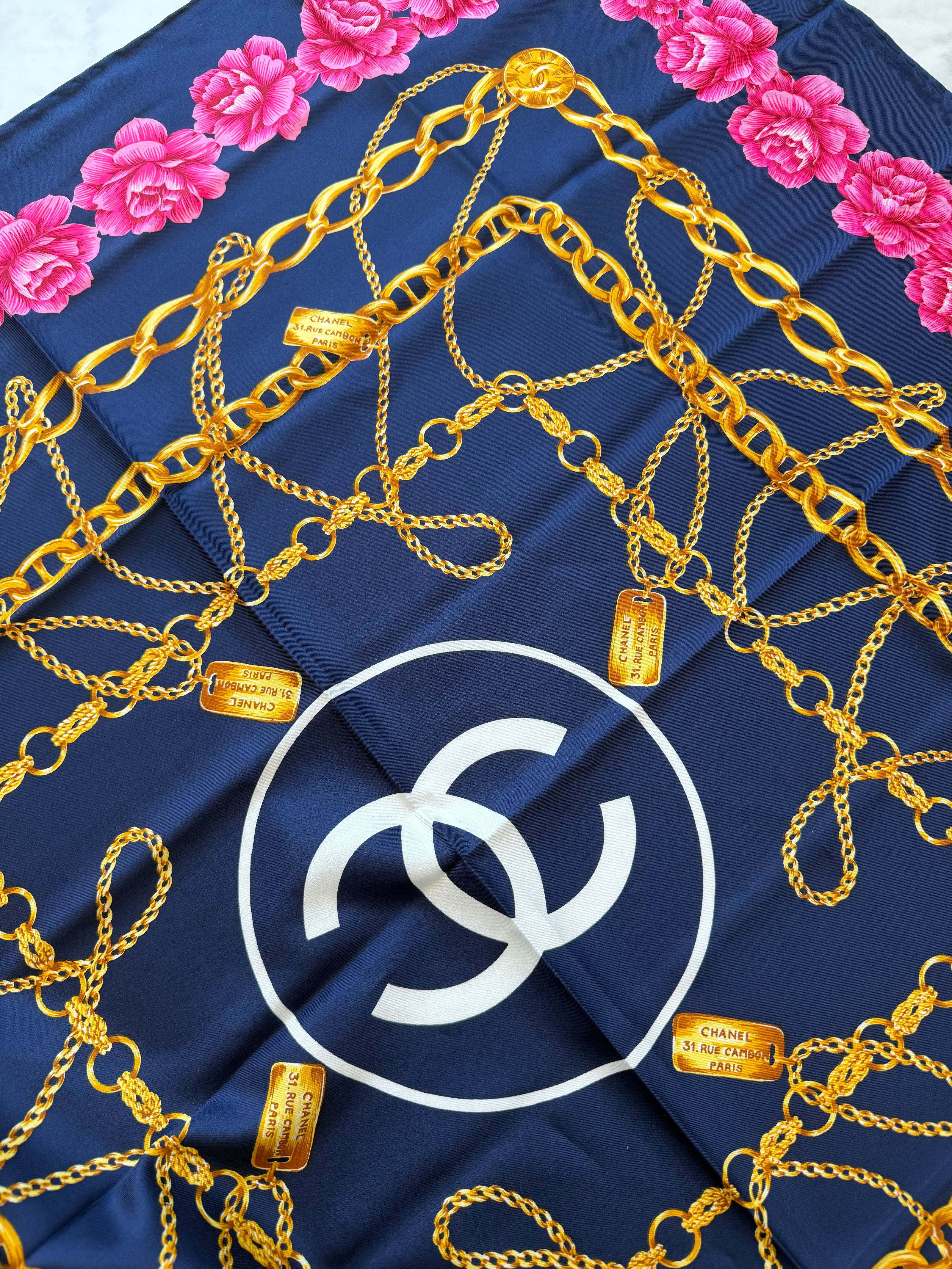 Chanel Vintage Large Silk Scarf CC Logo Pink Camellia Gold Chain Print (Brand New!)