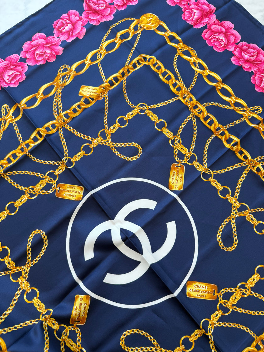 Chanel Vintage Large Silk Scarf CC Logo Pink Camellia Gold Chain Print (Brand New!)
