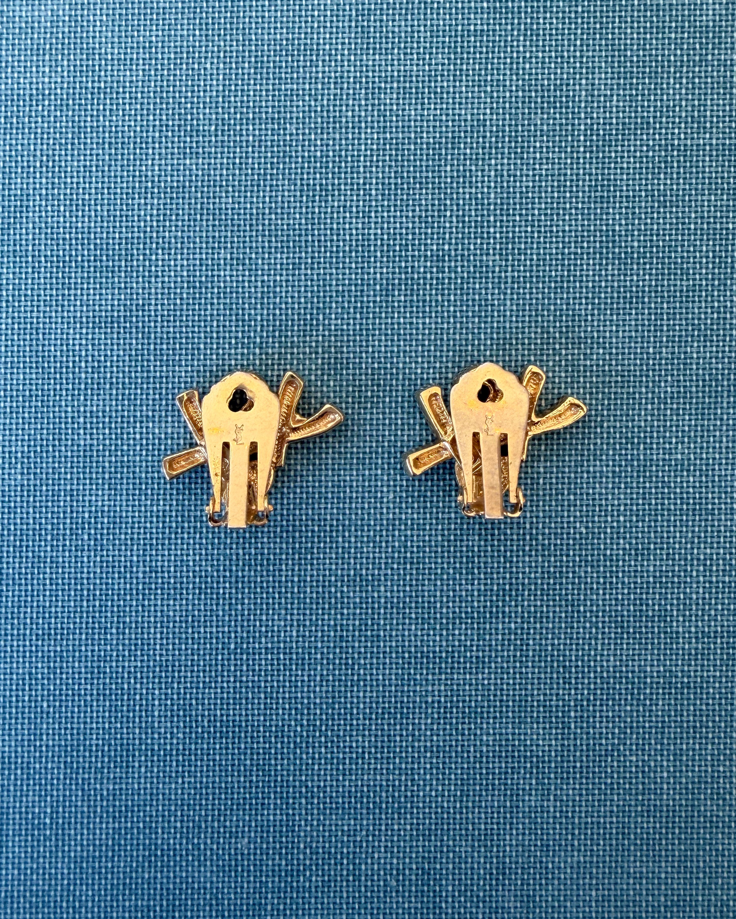 Yves Saint Laurent Vintage Gold-Tone Logo Heart Clip-On Earrings with White Crystals
