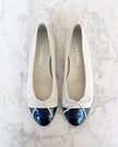BRAND NEW Chanel Two-Tone White Leather & Patent Blue Toe Ballet Flats (38.5)