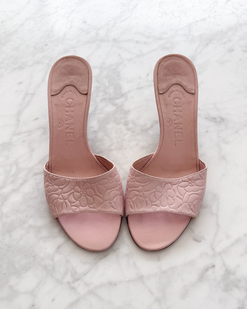Chanel Pastel Pink Camellia Embossed Leather Mule Heels (36)