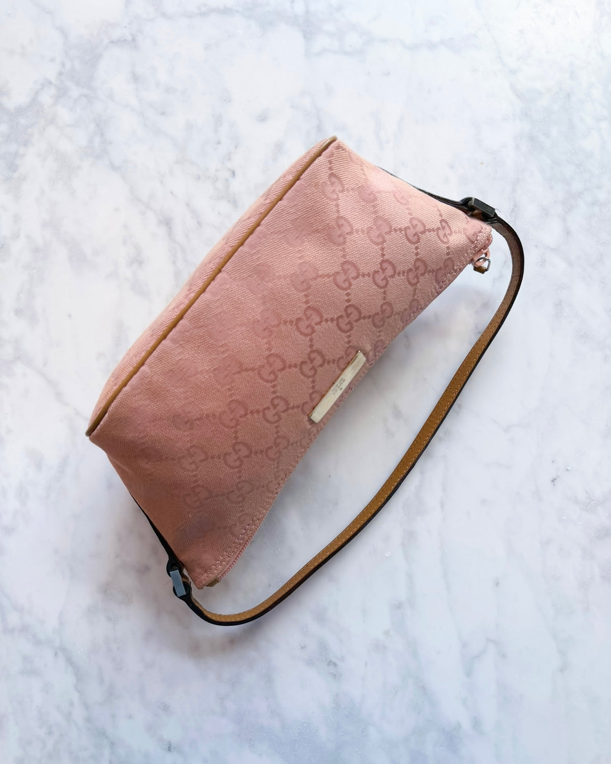 Gucci Baby Pink GG Monogram Boat Handbag with Camel Handle - RARE COLOUR