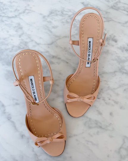 UNWORN Manolo Blahnik Nude Pink Leather Bow Slingback Heels (37)