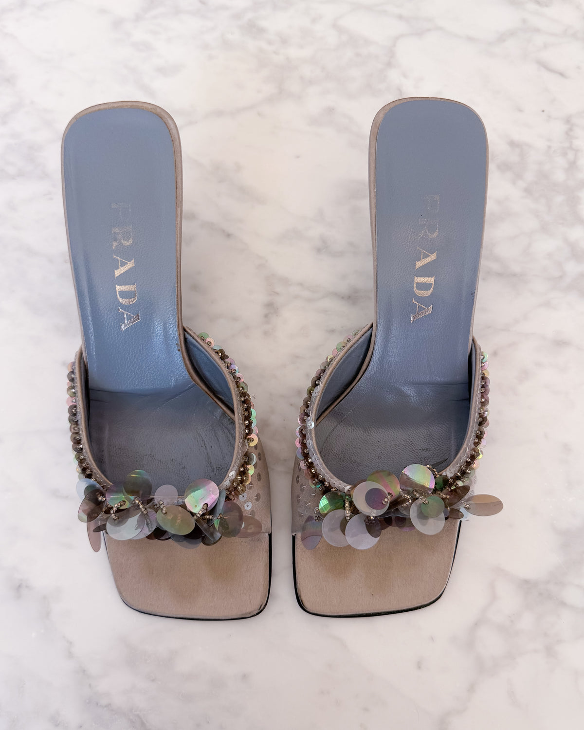 Archival Prada Silver & Baby Blue Satin Sequin Embellished Kitten Heel Mules (38) - VERY RARE