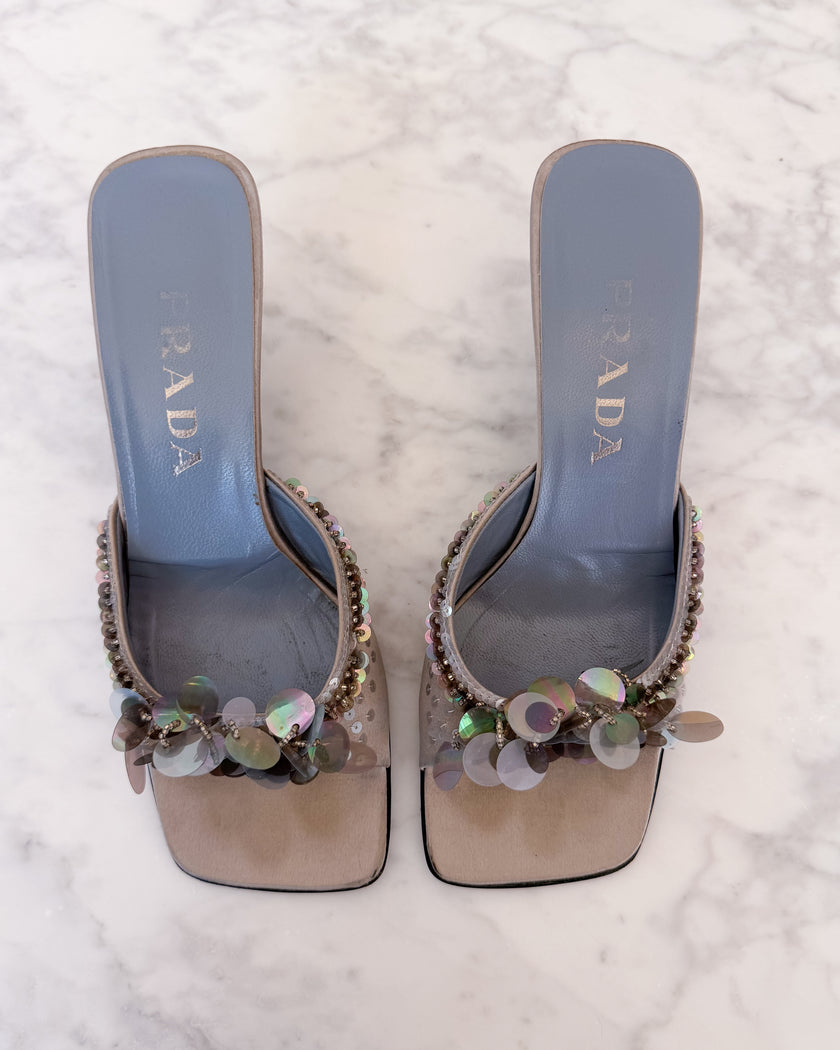 Archival Prada Silver & Baby Blue Satin Sequin Embellished Kitten Heel Mules (38) - VERY RARE