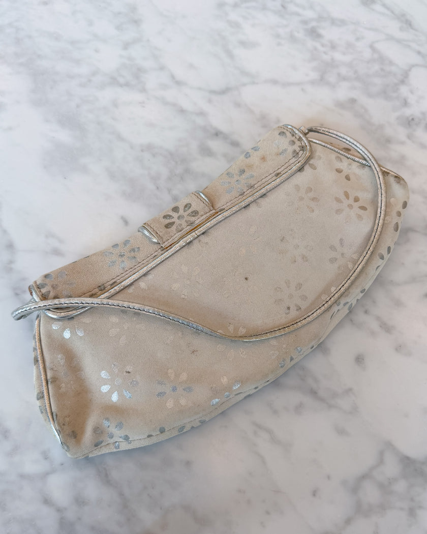 Celine Floral Suede Cream and Silver Shoulder Bag with Buckle