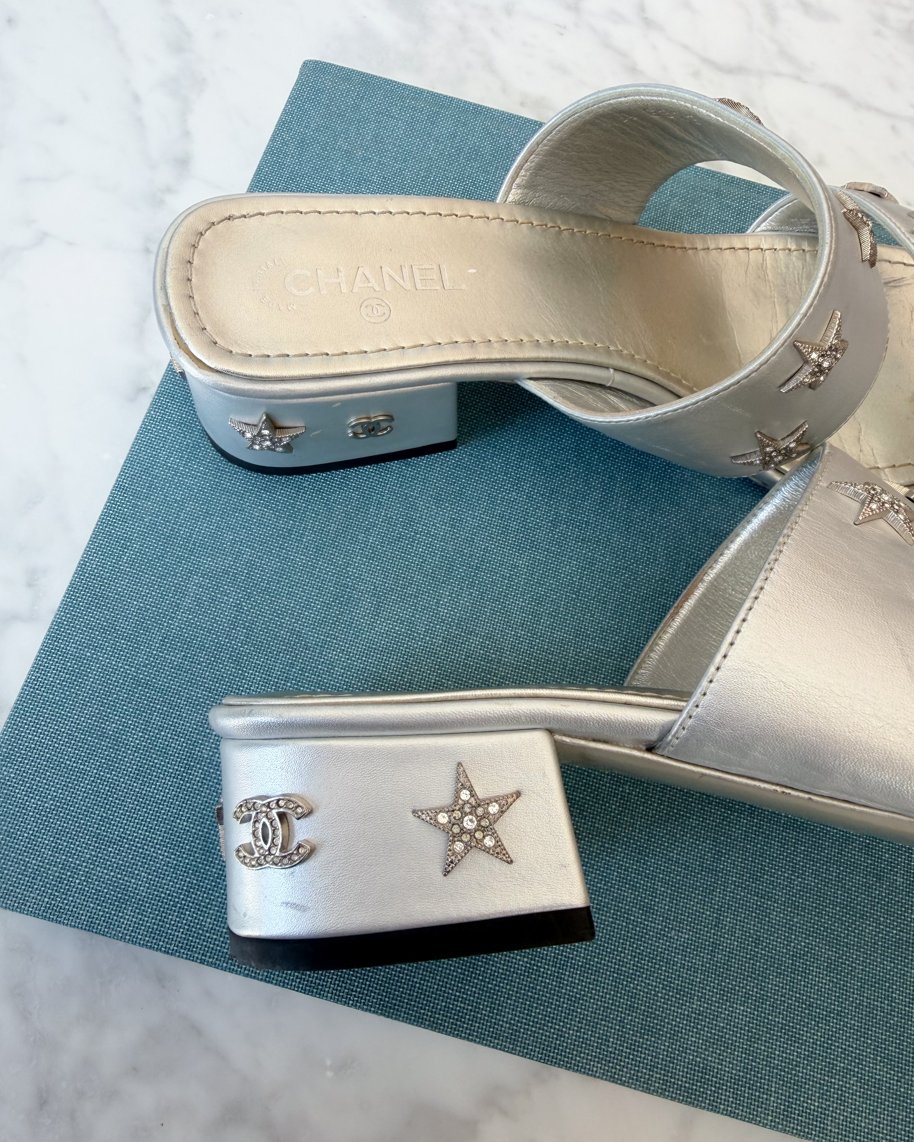 Chanel Star Embellished Slide Sandals (37)