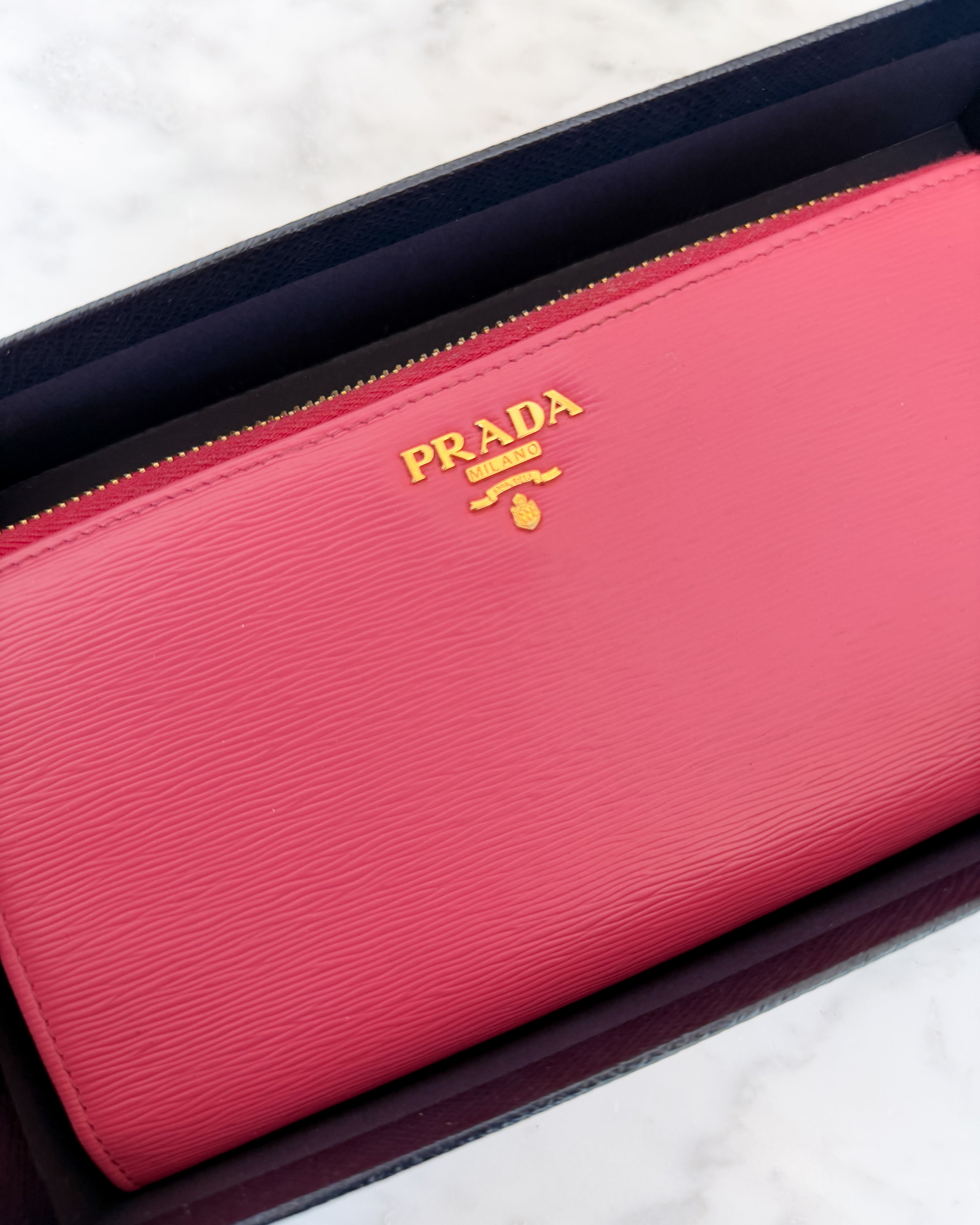Prada Pink Saffiano Leather Zip Around Wallet with Original Box