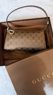 Gucci Bronze Brown GG Monogram Shimmer Satin & Leather Shoulder Bag with Gold Hardware