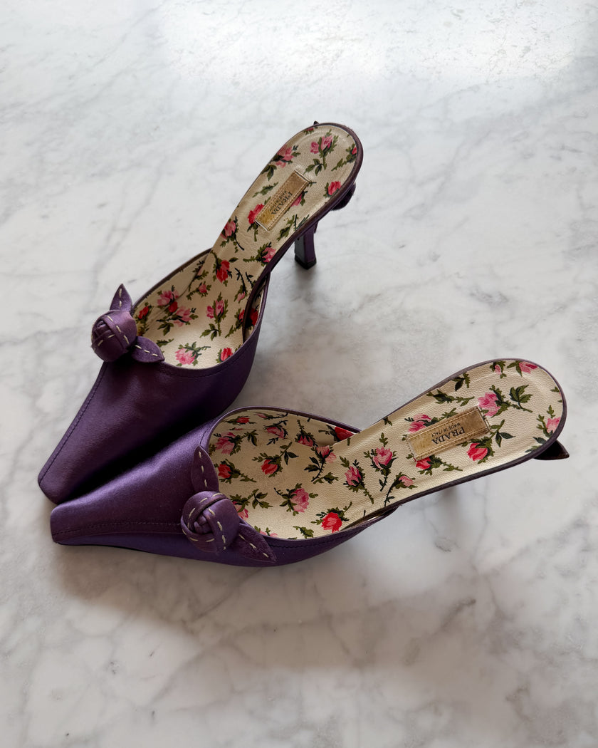 Prada 2000s Purple Satin Rose Print Mule Heels (36)
