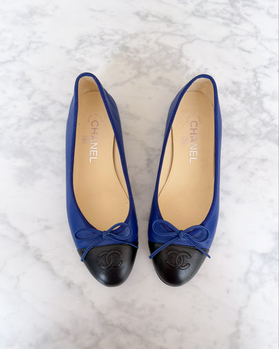 Chanel Electric Blue CC Cap Toe Ballet Flats (37.5)