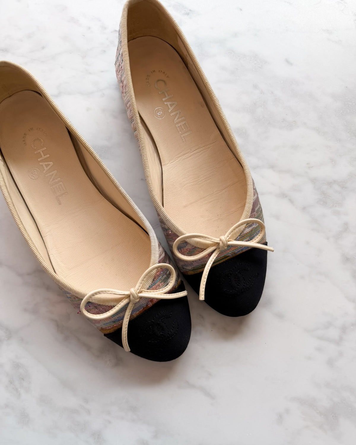 Chanel Multicolour Pastel Metallic Lurex & Black CC Ballet Flats (36) - VERY RARE