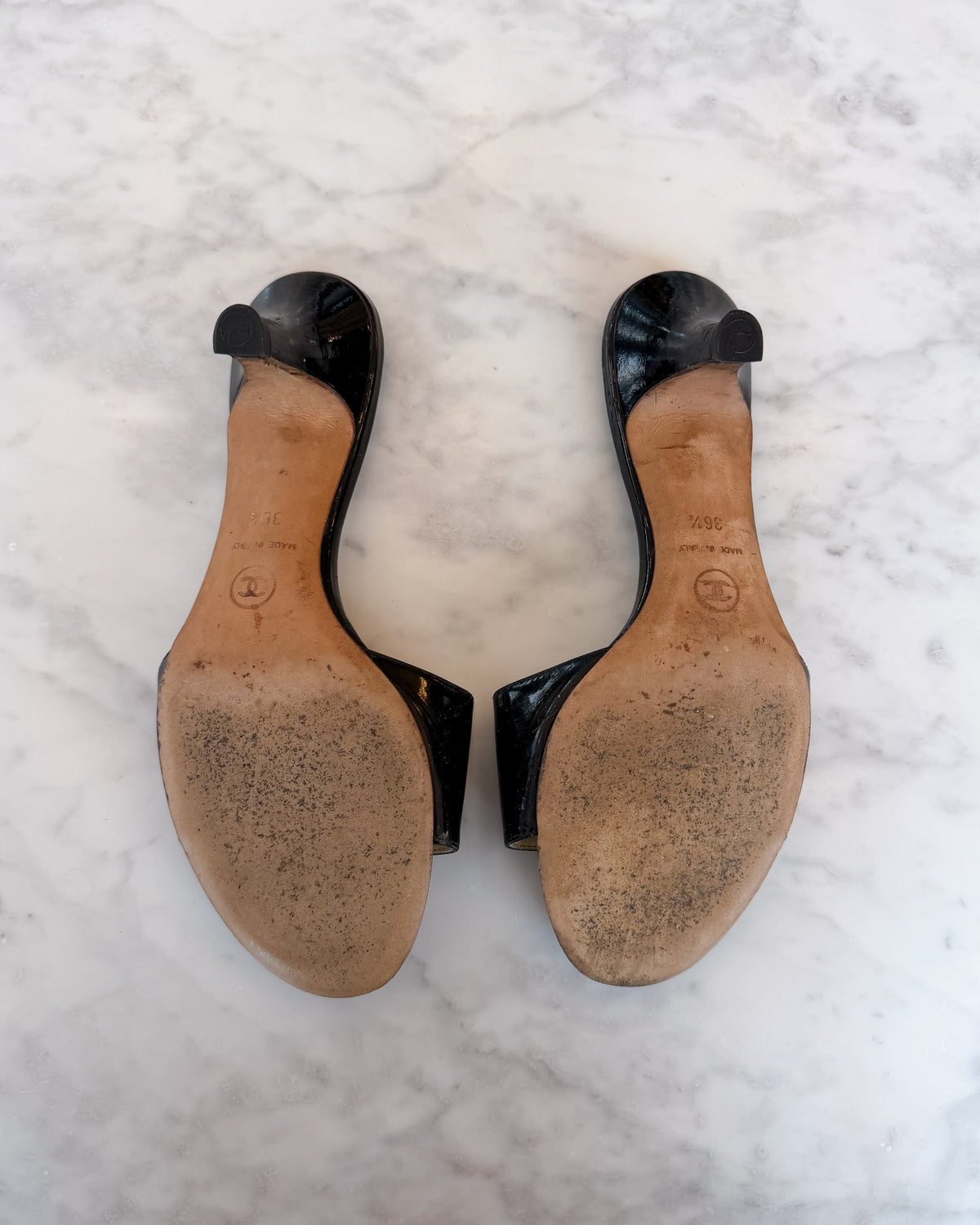 Chanel Black Patent Leather Silver CC Logo Mules (36.5)