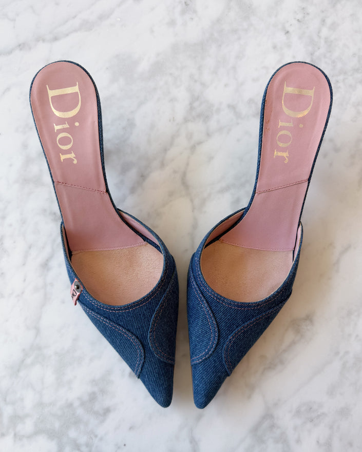 Dior By John Galliano Denim Mules With Pink Detail (EU 39)