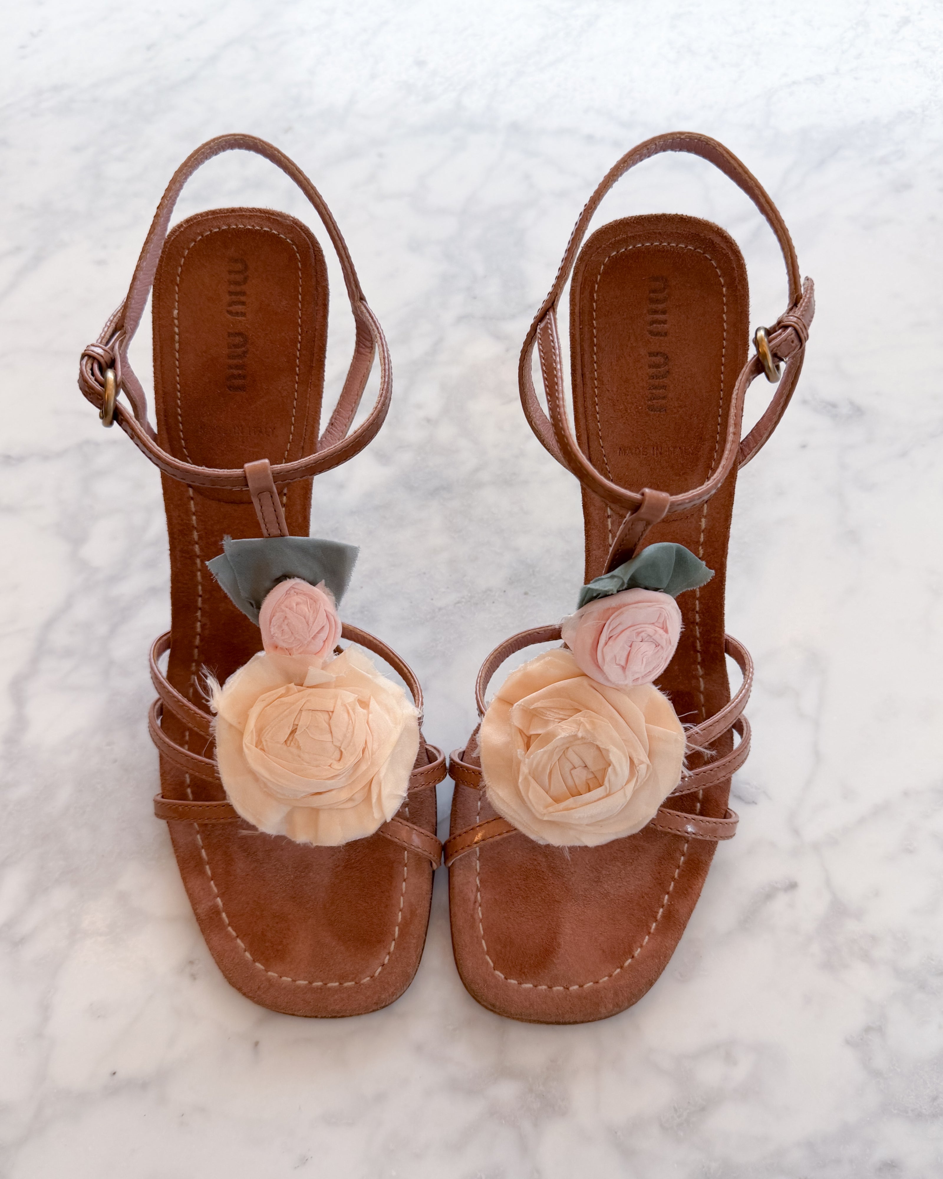 Miu Miu 2000s Silk Rose Floral Leather Strappy Heels (37.5)