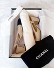 Chanel Gold Champagne Black Cap Toe Slingback Heels (35)