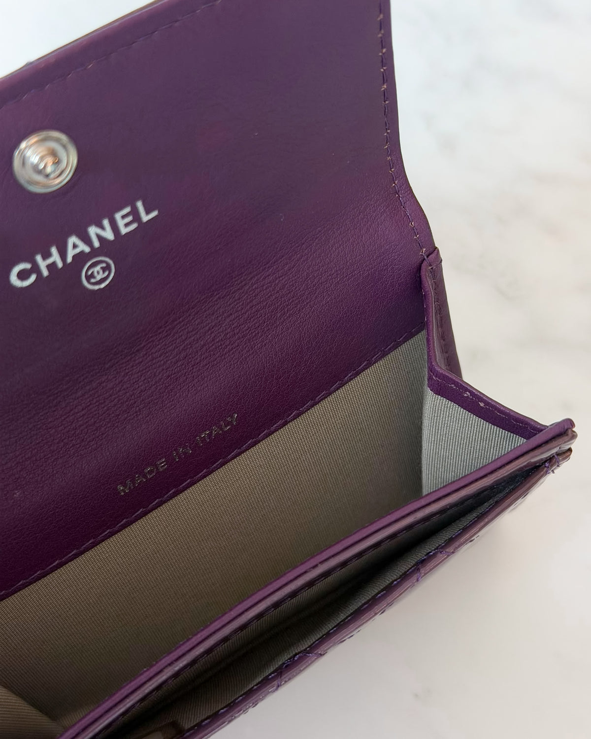 Chanel Purple Patent Quilted Embellished CC Logo Wallet