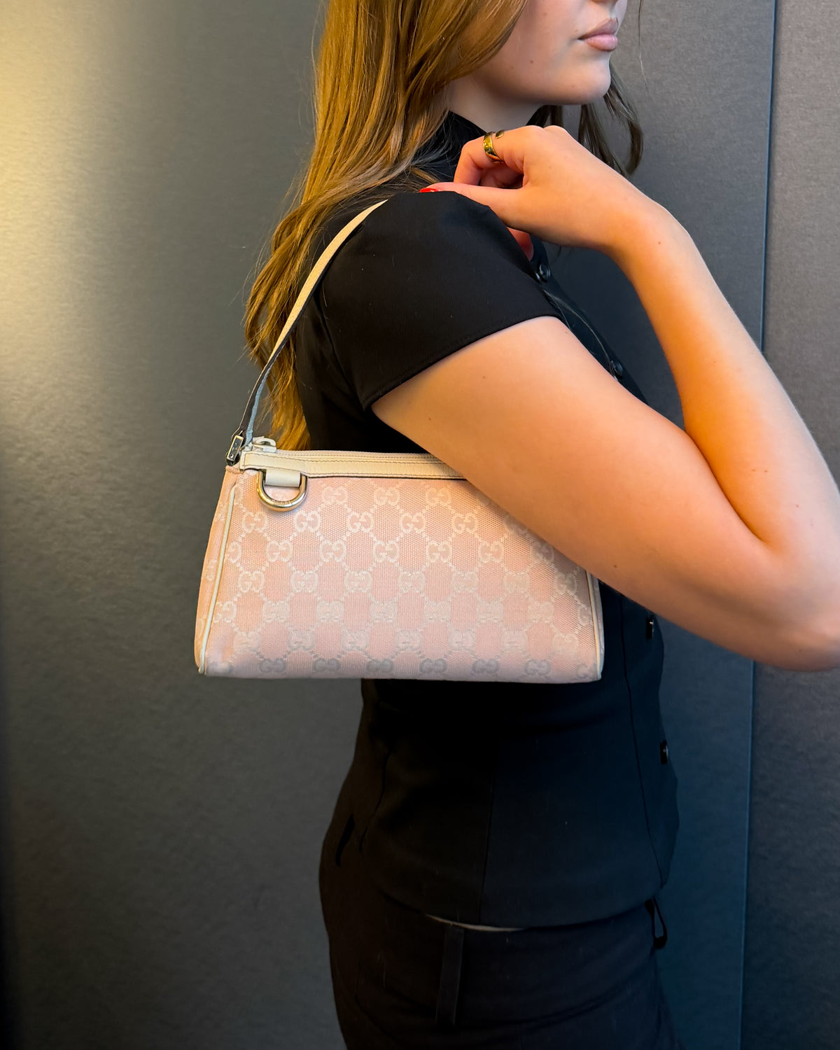 Gucci Abbey Baby Pink GG Monogram Canvas Shoulder Bag