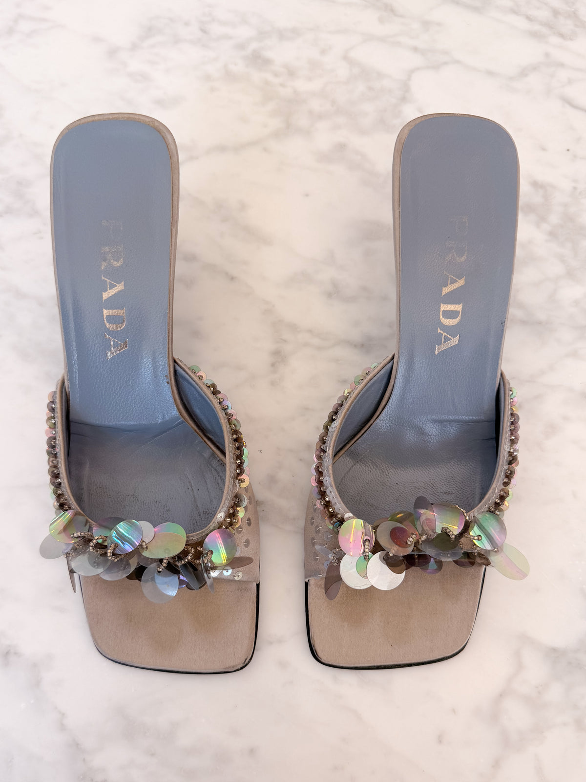 Archival Prada Silver & Baby Blue Satin Sequin Embellished Kitten Heel Mules (38) - VERY RARE