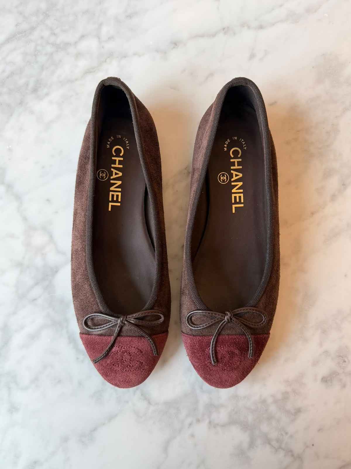 Chanel Chocolate Brown & Burgundy Suede Cap-Toe Ballet Flats (36.5)