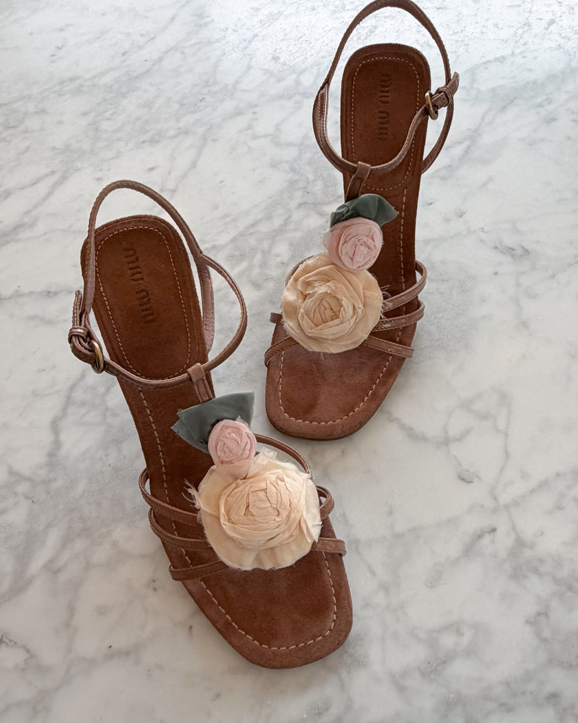 Miu Miu 2000s Silk Rose Floral Leather Strappy Heels (37.5)