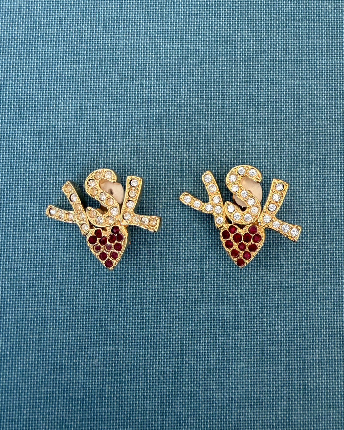 Yves Saint Laurent Vintage Gold-Tone YSL Logo Heart Clip-On Earrings with Red Crystals