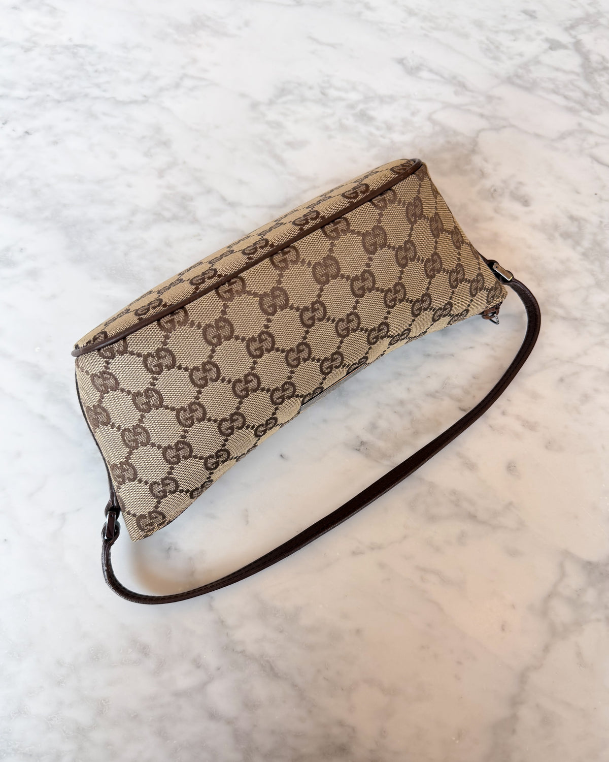 Gucci Beige & Brown GG Monogram Canvas Boat Bag with Brown Handle