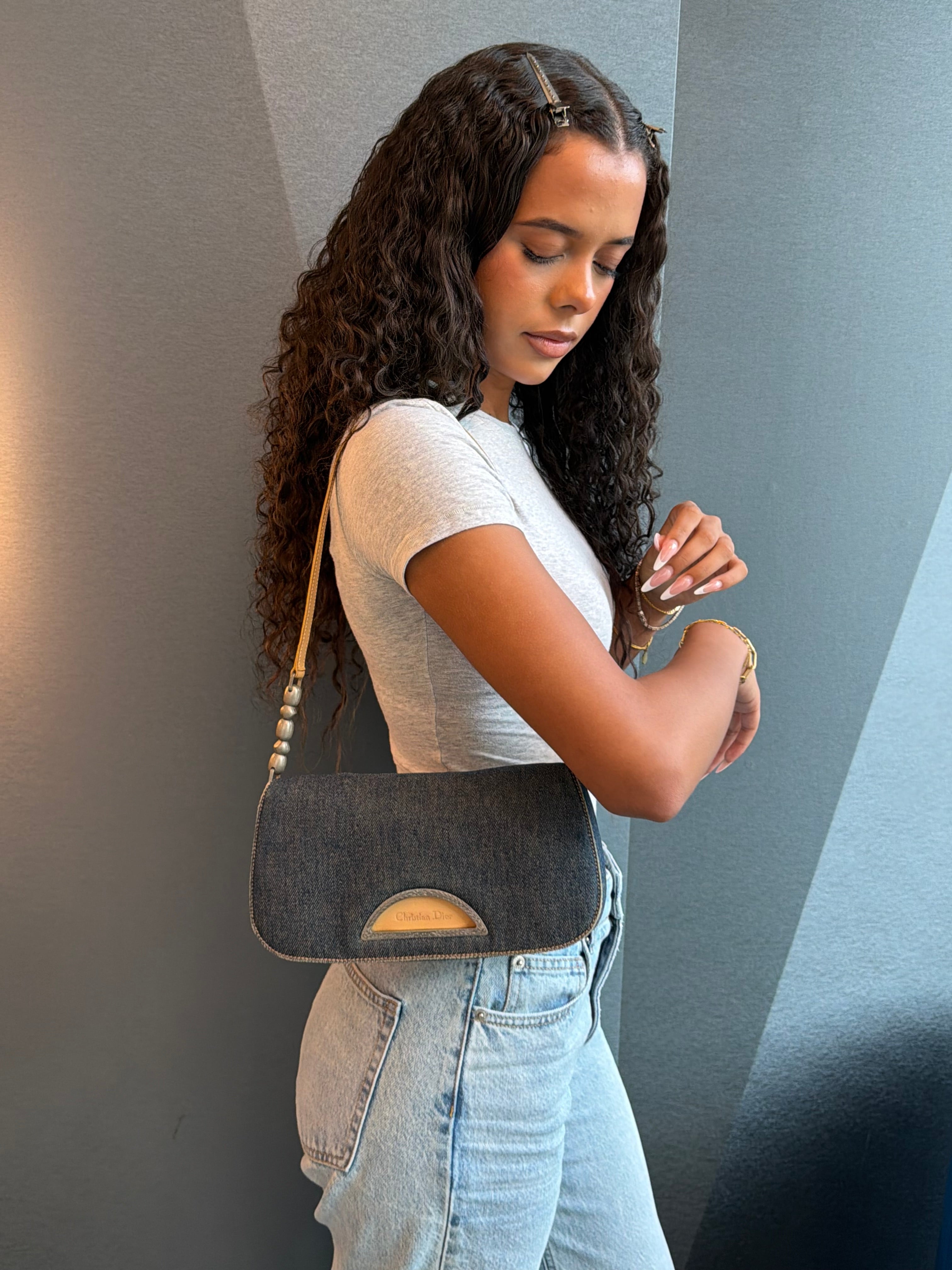 Christian Dior Malice Denim Shoulder Bag with Silver Hardware
