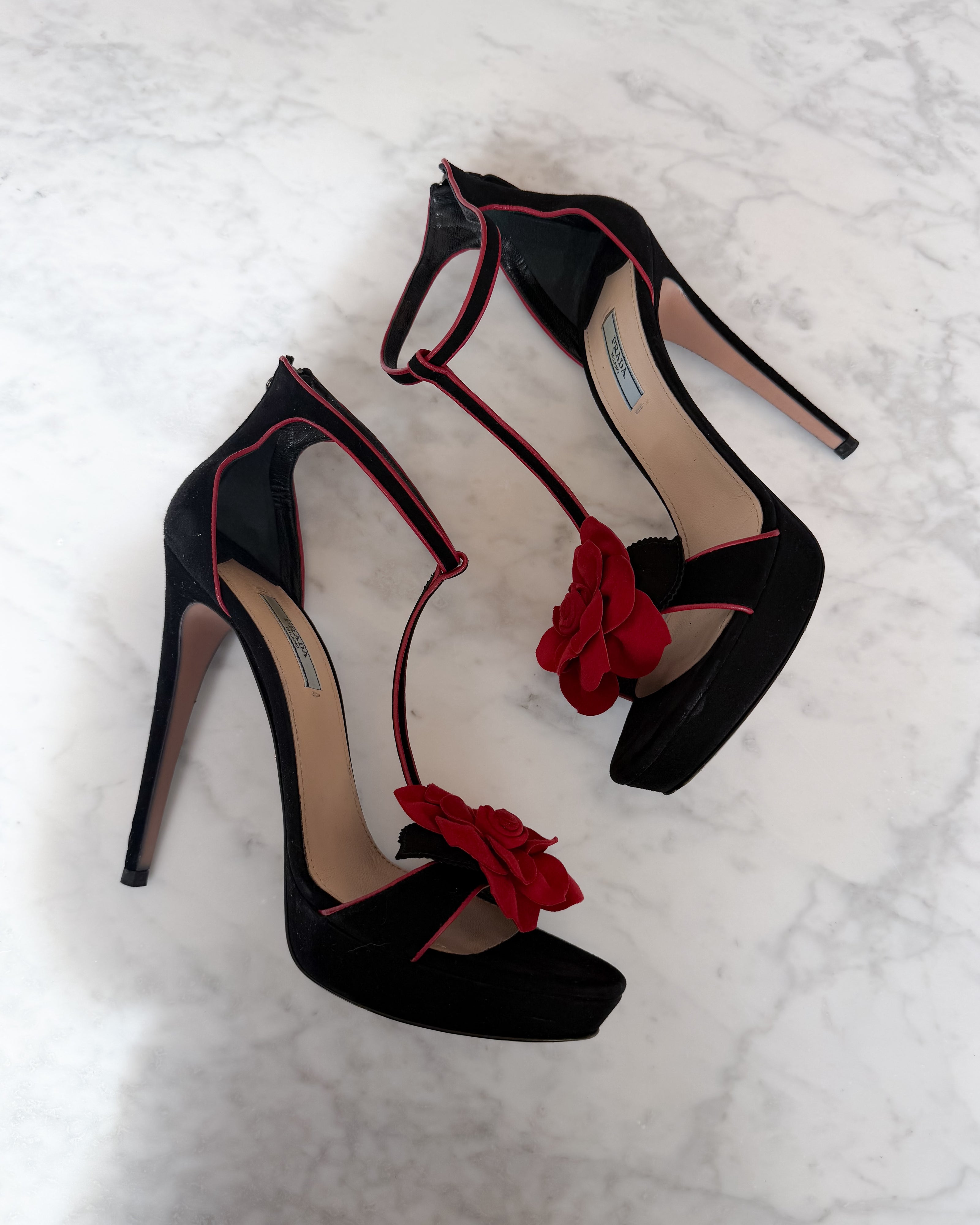 Prada Black Suede Red Rose Appliqué T-Strap Heeled Sandals (40)