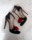 Prada Black Suede Red Rose Appliqué T-Strap Heeled Sandals (40)
