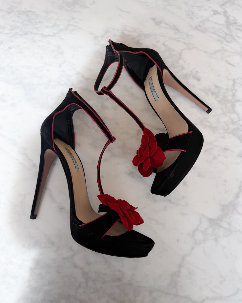 Prada Black Suede Red Rose Appliqué T-Strap Heeled Sandals (40)