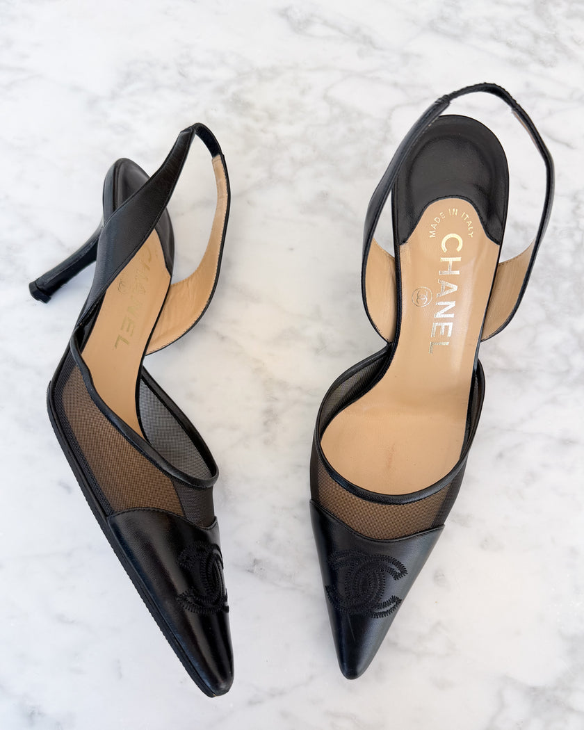 Chanel Black Mesh Slingback Kitten Heels (36.5) - VERY RARE
