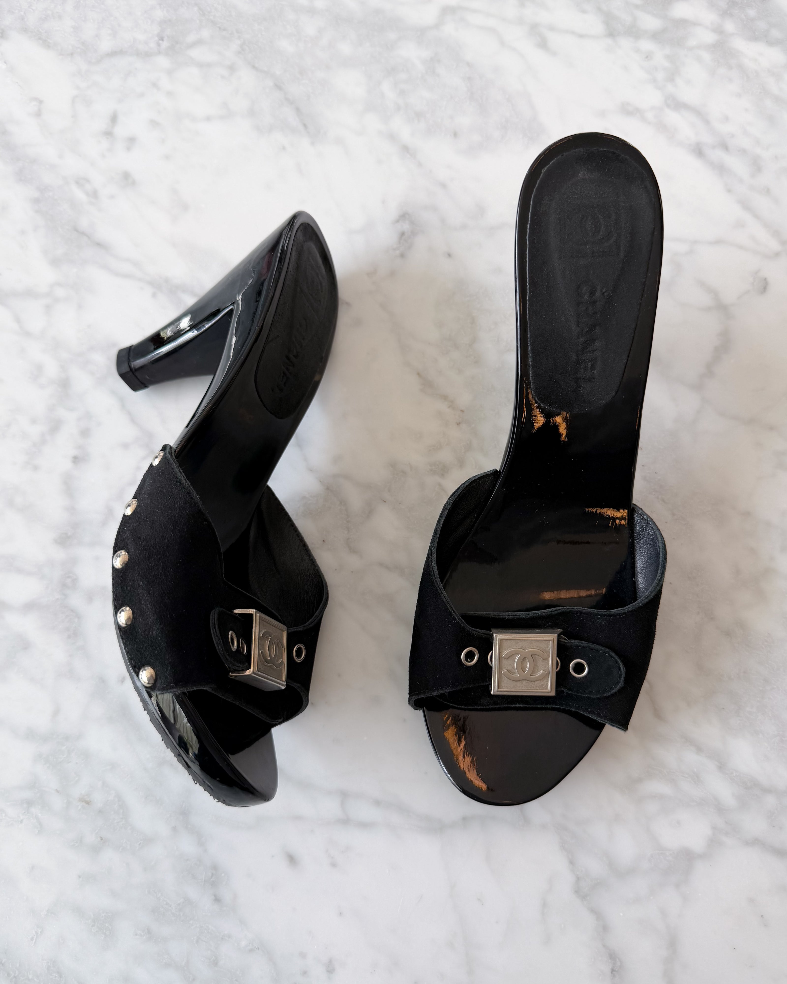 Chanel Silver CC Buckle Mules (EU 37)