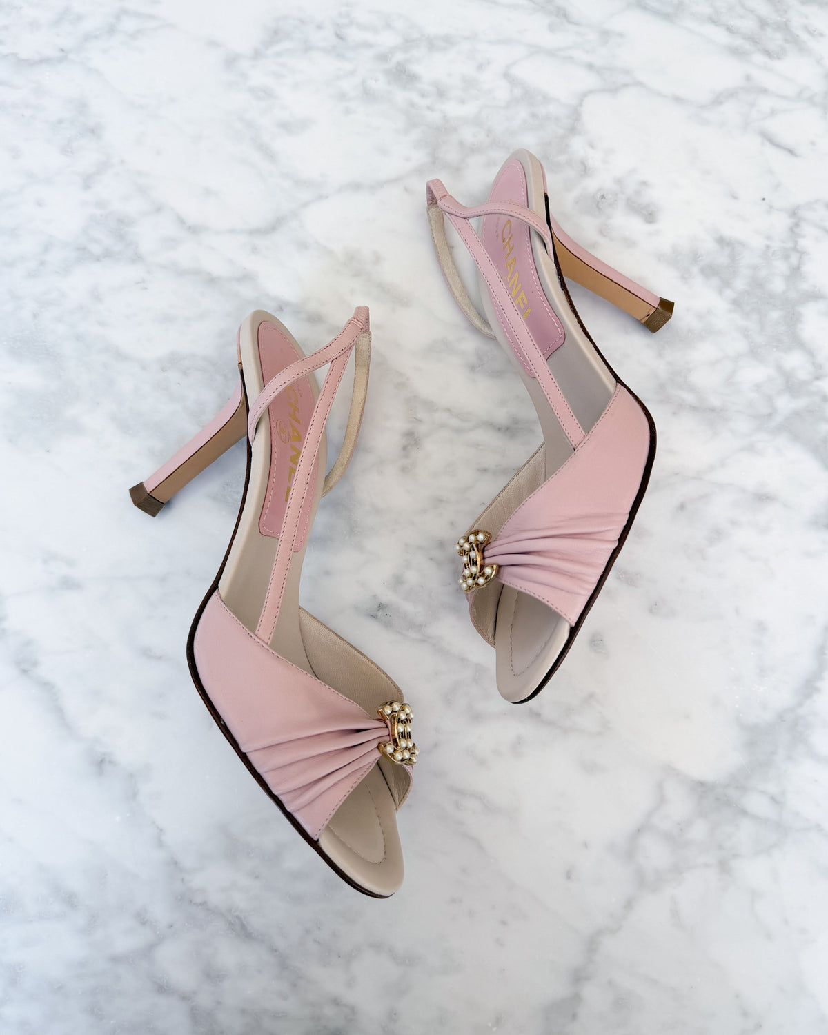 UNWORN Chanel Blush Pink Pearl CC Logo Slingback Heels (36.5) - VERY RARE