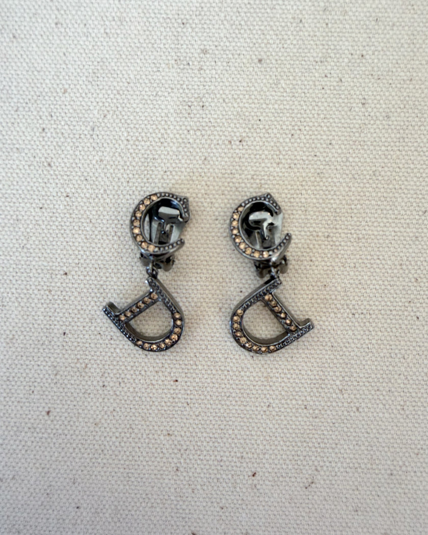 Christian Dior Graphite-Tone Logo Clip-On Earrings with Pink Crystals