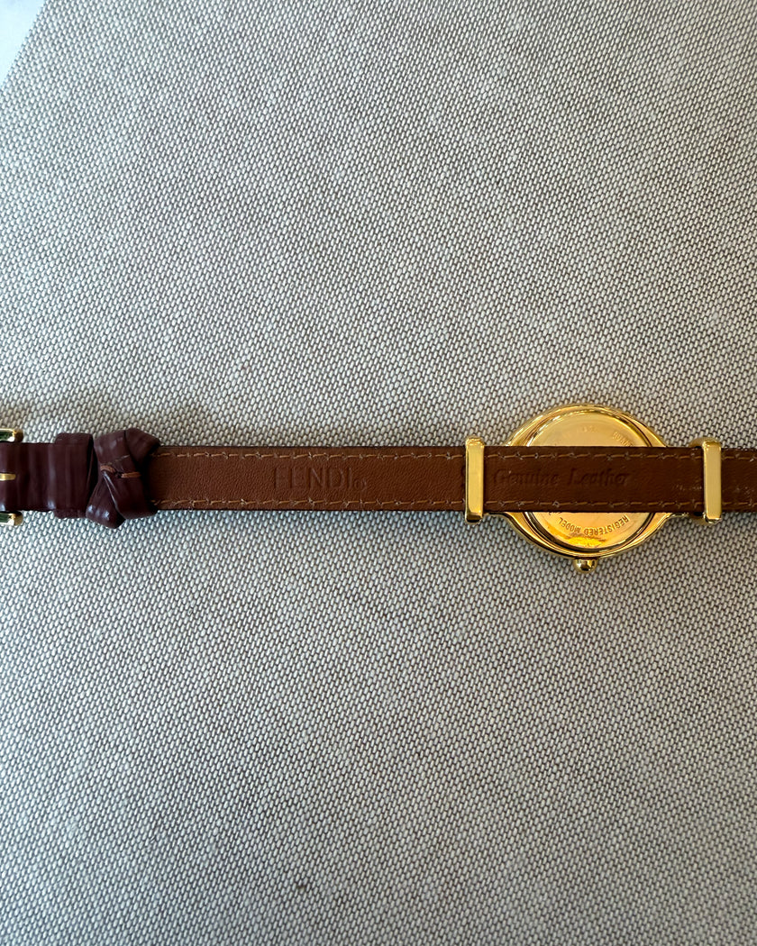 Vintage Fendi Gold Tone Watch with Brown Leather Strap