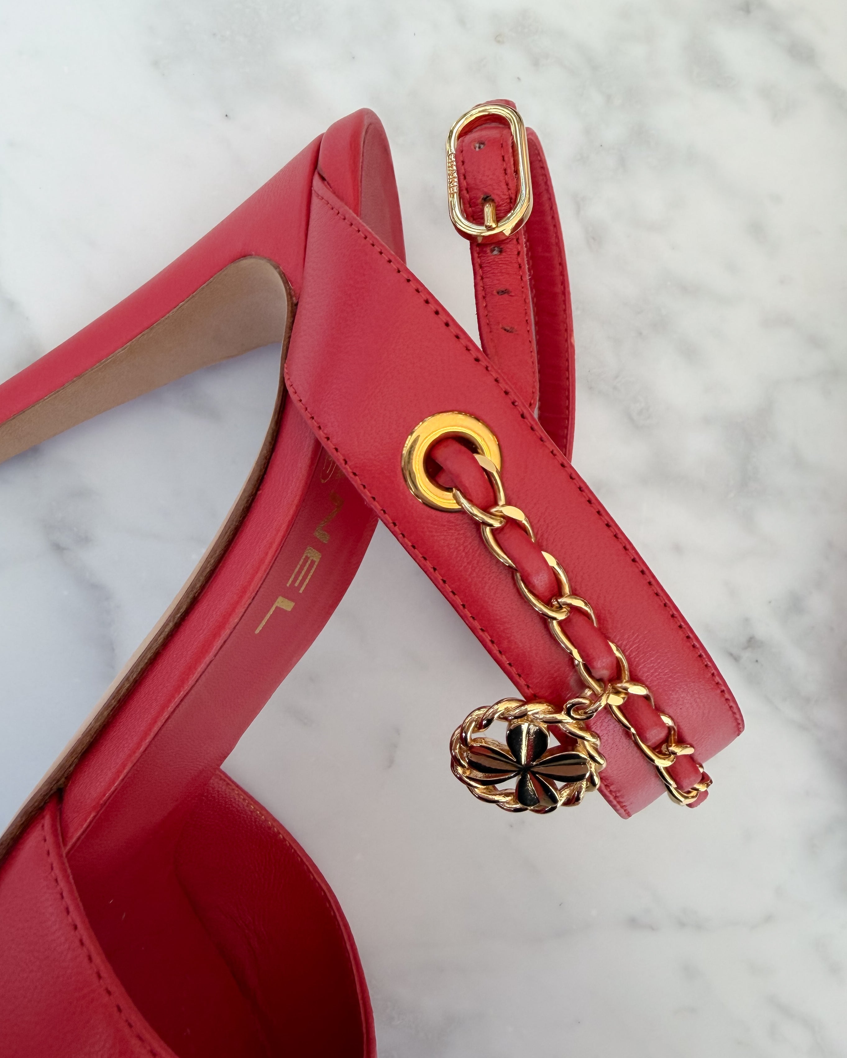 Chanel Watermelon Red Leather CC Logo Chain Open Toe Heels with Clover Charm (36.5)