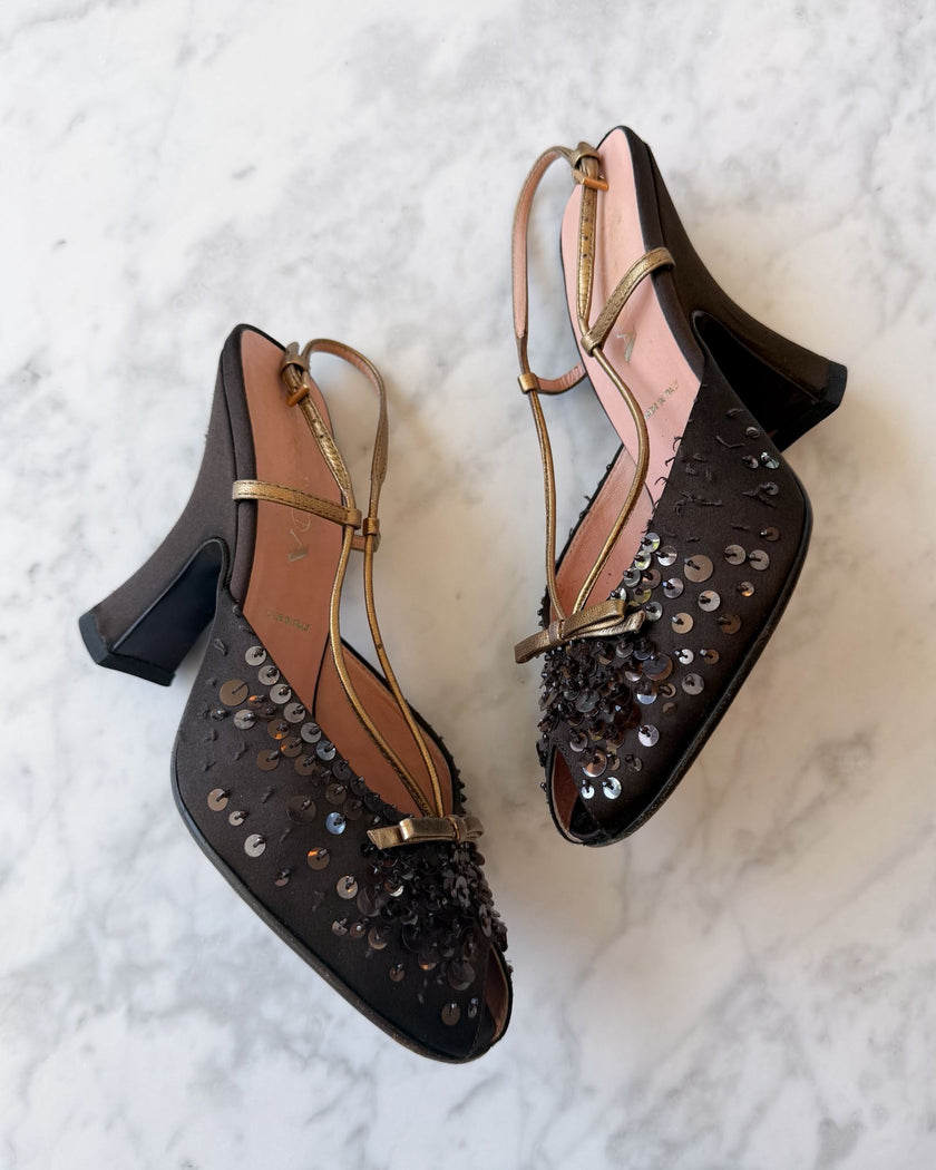 Prada Aubergine Sequin-Embellished Slingback Heels with Sculptural Heel (37)