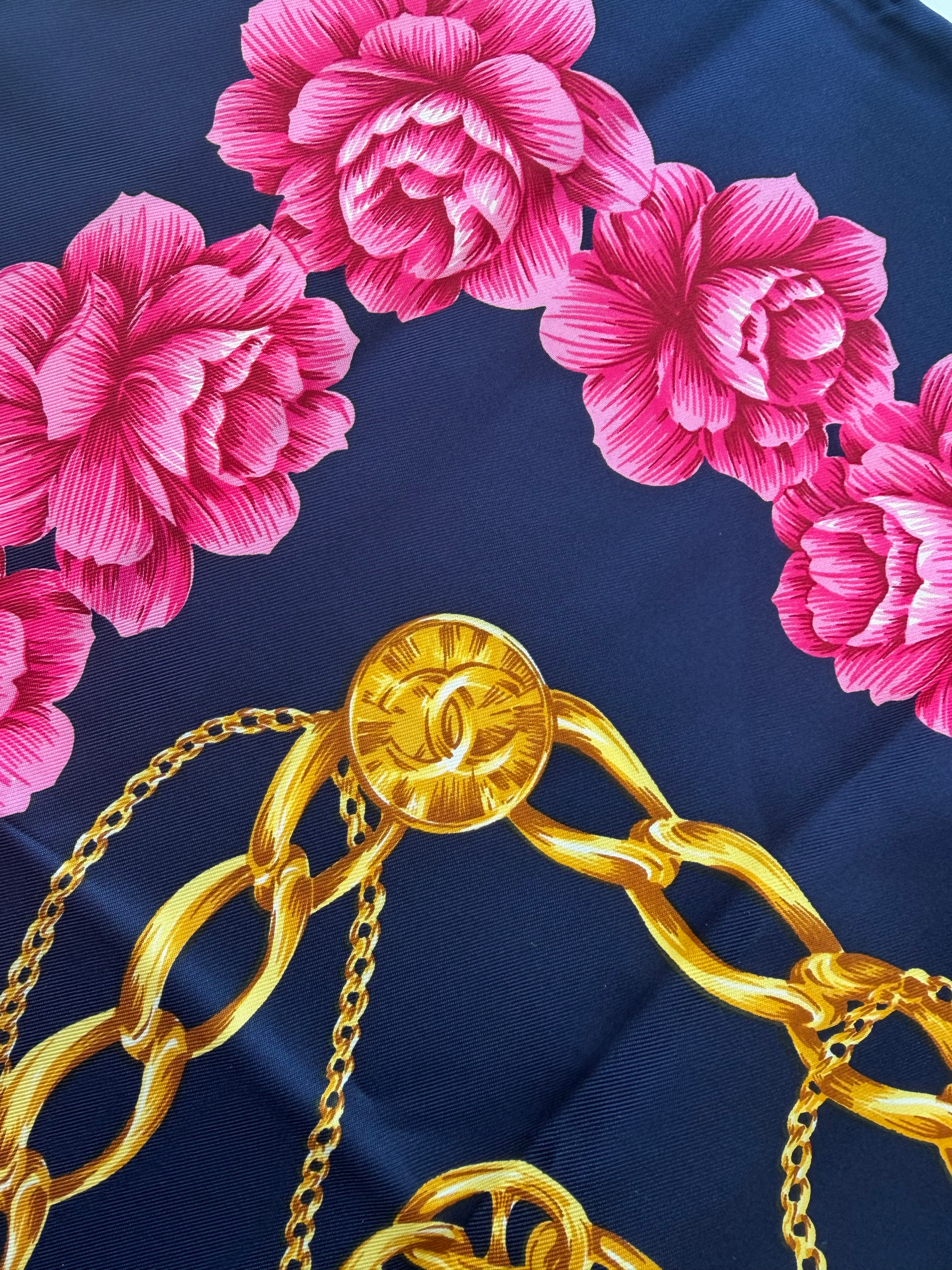 Chanel Vintage Large Silk Scarf CC Logo Pink Camellia Gold Chain Print (Brand New!)