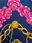 Chanel Vintage Large Silk Scarf CC Logo Pink Camellia Gold Chain Print (Brand New!)