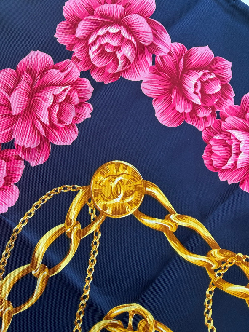 Chanel Vintage Large Silk Scarf CC Logo Pink Camellia Gold Chain Print (Brand New!)