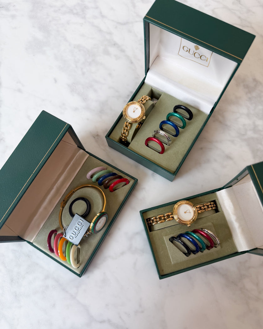 Vintage Gucci Gold Bracelet Watch - Full Set with 6 Interchangeable Bezels & Original Box