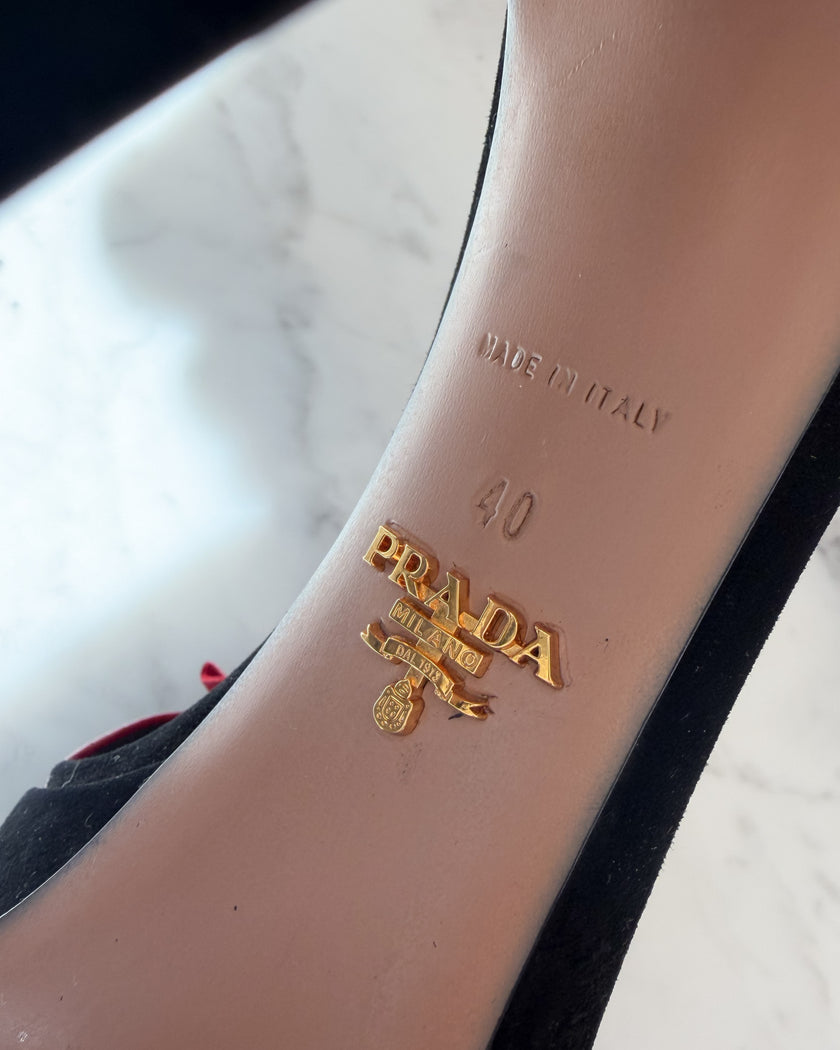 Prada Black Suede Red Rose Appliqué T-Strap Heeled Sandals (40)