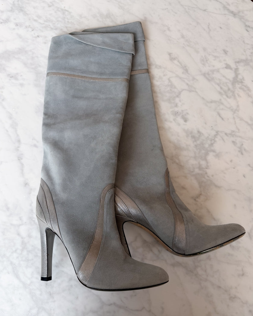 Pucci S/S Baby Blue Suede Knee High Boots with Metallic Silver Paneling and Fold-Over Cuff (38)