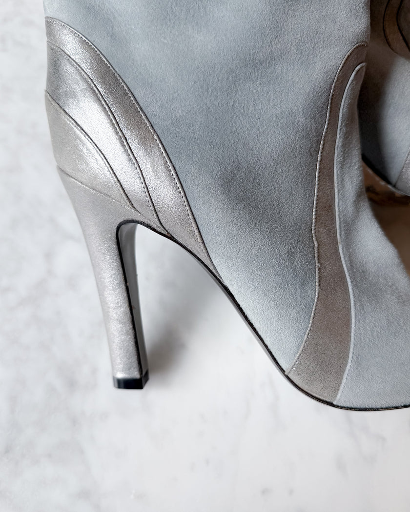 Pucci S/S Baby Blue Suede Knee High Boots with Metallic Silver Paneling and Fold-Over Cuff (38)