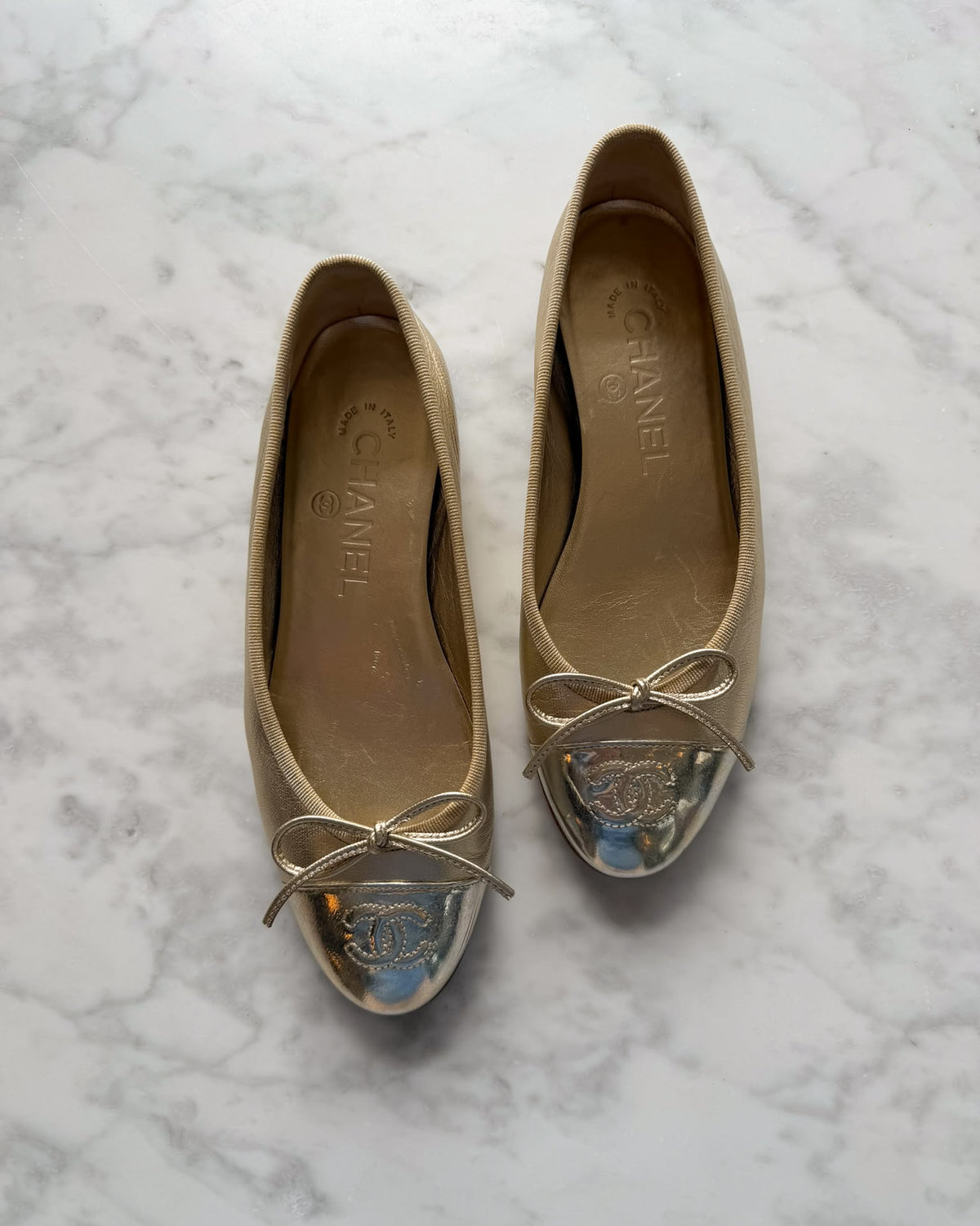 Chanel Metallic Champagne and Silver Holo CC Ballet Flats (34.5)