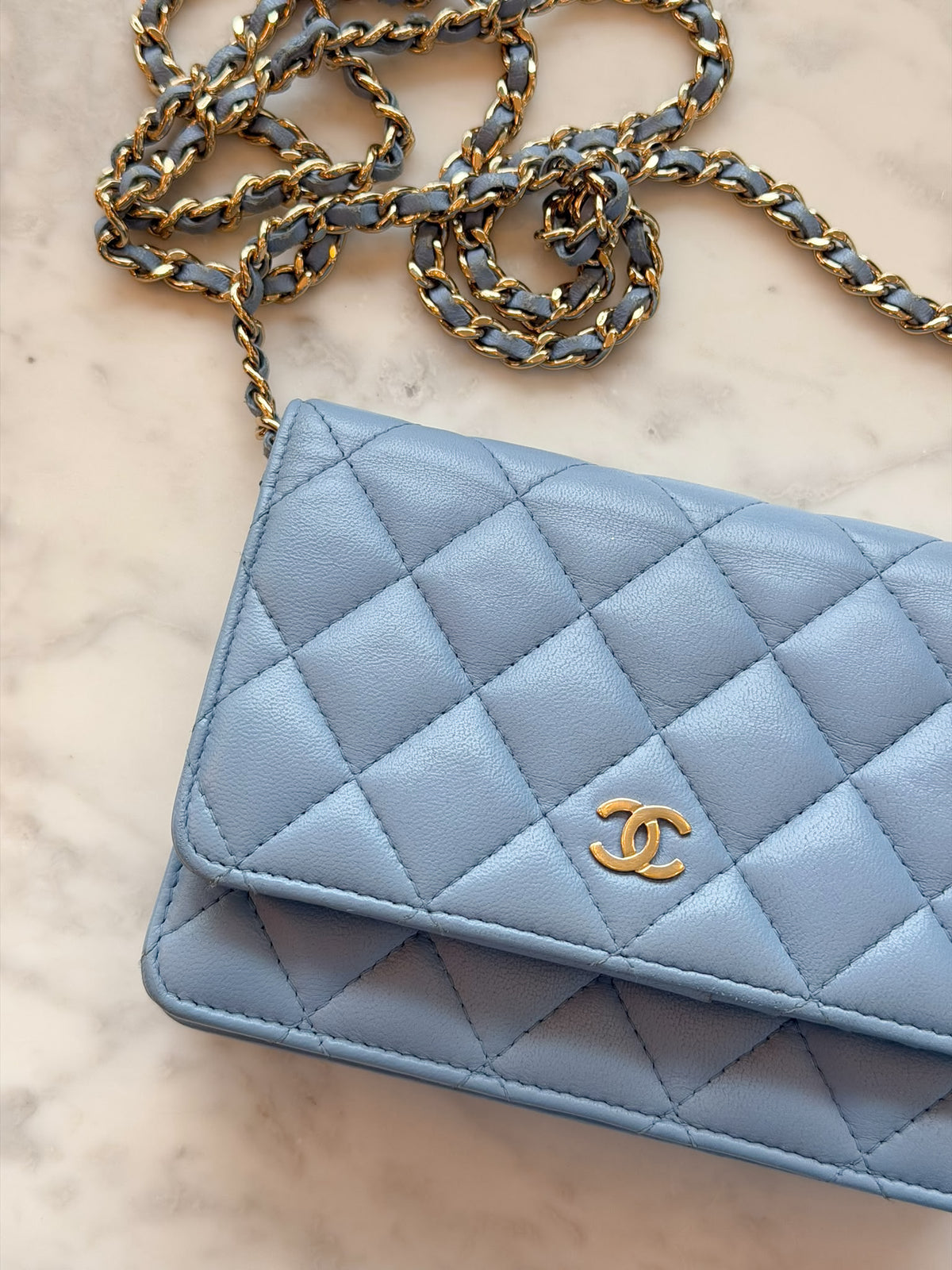 Chanel Sky Blue Quilted Lambskin Wallet On Chain Gold Hardware - 2020
